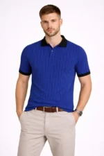 Erkek Polo Yaka Çizgili Tişört Kısa Kol Düğmeli Yazlık T-Shirt - Saks Mavisi - Görsel 4