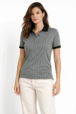 Polo Yaka Çizgili Tişört Kısa Kol Düğmeli Yazlık T-Shirt - Gri - Görsel 2