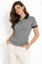 Polo Yaka Çizgili Tişört Kısa Kol Düğmeli Yazlık T-Shirt - Gri