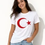 T-Shirt Kısa Kol Bisiklet Yaka Ay Yıldız Bayrak Baskılı Tişört - Beyaz