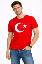 Erkek T-Shirt Kısa Kol Bisiklet Yaka Ay Yıldız Bayrak Baskılı Tişört - Kırmızı - Görsel 3