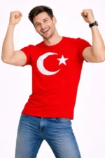 Erkek T-Shirt Kısa Kol Bisiklet Yaka Ay Yıldız Bayrak Baskılı Tişört - Kırmızı - Görsel 4