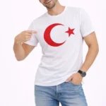 Erkek T-Shirt Kısa Kol Bisiklet Yaka Ay Yıldız Bayrak Baskılı Tişört - Beyaz