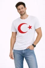 Erkek T-Shirt Kısa Kol Bisiklet Yaka Ay Yıldız Bayrak Baskılı Tişört - Beyaz - Görsel 2