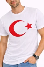 Erkek T-Shirt Kısa Kol Bisiklet Yaka Ay Yıldız Bayrak Baskılı Tişört - Beyaz - Görsel 3