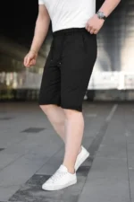 Erkek Diagonel Kumaş Duble Paça Cepli Bağcıklı Bel Lastikli ŞORT - Siyah