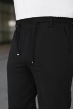 Erkek Diagonel Kumaş Duble Paça Cepli Bağcıklı Bel Lastikli ŞORT - Siyah - Görsel 2