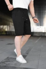 Erkek Diagonel Kumaş Duble Paça Cepli Bağcıklı Bel Lastikli ŞORT - Siyah - Görsel 3