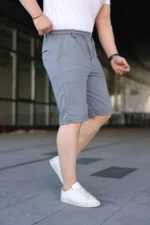 Erkek Diagonel Kumaş Duble Paça Cepli Bağcıklı Bel Lastikli ŞORT - Gri - Görsel 3