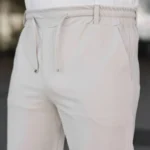 Erkek Diagonel Kumaş Duble Paça Cepli Bağcıklı Bel Lastikli ŞORT - Krem