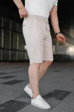 Erkek Diagonel Kumaş Duble Paça Cepli Bağcıklı Bel Lastikli ŞORT - Krem - Görsel 2