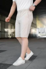 Erkek Diagonel Kumaş Duble Paça Cepli Bağcıklı Bel Lastikli ŞORT - Krem - Görsel 3