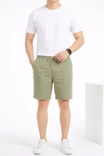Erkek Keten Kumaş Cepli Rahat Kesim Bel Lastikli Şort - Mint Yeşili - Görsel 3