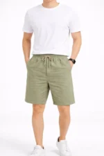 Erkek Keten Kumaş Cepli Rahat Kesim Bel Lastikli Şort - Mint Yeşili - Görsel 4