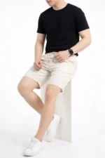 Erkek Keten Kumaş Cepli Rahat Kesim Bel Lastikli Şort - Beyaz