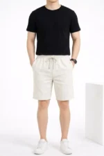 Erkek Keten Kumaş Cepli Rahat Kesim Bel Lastikli Şort - Beyaz - Görsel 2