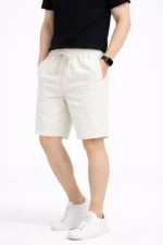 Erkek Keten Kumaş Cepli Rahat Kesim Bel Lastikli Şort - Beyaz - Görsel 3