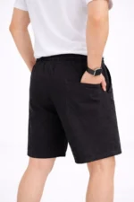 Erkek Keten Kumaş Cepli Rahat Kesim Bel Lastikli Şort - Siyah - Görsel 2