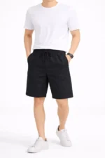 Erkek Keten Kumaş Cepli Rahat Kesim Bel Lastikli Şort - Siyah - Görsel 3
