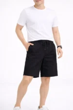 Erkek Keten Kumaş Cepli Rahat Kesim Bel Lastikli Şort - Siyah - Görsel 4