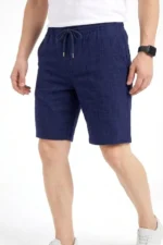 Erkek Keten Kumaş Cepli Rahat Kesim Bel Lastikli Şort - Lacivert