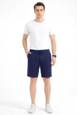 Erkek Keten Kumaş Cepli Rahat Kesim Bel Lastikli Şort - Lacivert - Görsel 2