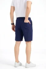 Erkek Keten Kumaş Cepli Rahat Kesim Bel Lastikli Şort - Lacivert - Görsel 4