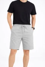 Erkek Keten Kumaş Cepli Rahat Kesim Bel Lastikli Şort - Gri