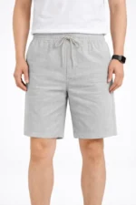 Erkek Keten Kumaş Cepli Rahat Kesim Bel Lastikli Şort - Gri - Görsel 3