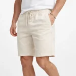 Erkek Keten Kumaş Cepli Rahat Kesim Bel Lastikli Şort - Krem