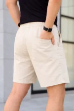 Erkek Keten Kumaş Cepli Rahat Kesim Bel Lastikli Şort - Krem - Görsel 3