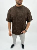 Erkek Premium Tişört OSY Yumuşak Dokulu Yıkamalı Oversize T-Shirt - Kahverengi - Görsel 3