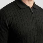 Erkek Yazlık Triko Saç Örgü Tişört Kısa Kol Polo Yaka Fermuarlı T-Shirt - Siyah