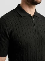 Erkek Yazlık Triko Saç Örgü Tişört Kısa Kol Polo Yaka Fermuarlı T-Shirt - Siyah