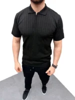 Erkek Yazlık Triko Saç Örgü Tişört Kısa Kol Polo Yaka Fermuarlı T-Shirt - Siyah - Görsel 2