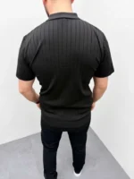 Erkek Yazlık Triko Saç Örgü Tişört Kısa Kol Polo Yaka Fermuarlı T-Shirt - Siyah - Görsel 3