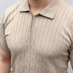 Erkek Yazlık Triko Saç Örgü Tişört Kısa Kol Polo Yaka Fermuarlı T-Shirt - Bej