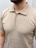Erkek Yazlık Triko Saç Örgü Tişört Kısa Kol Polo Yaka Fermuarlı T-Shirt - Bej