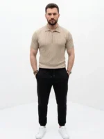 Erkek Yazlık Triko Saç Örgü Tişört Kısa Kol Polo Yaka Fermuarlı T-Shirt - Bej - Görsel 2