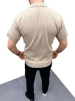 Erkek Yazlık Triko Saç Örgü Tişört Kısa Kol Polo Yaka Fermuarlı T-Shirt - Bej - Görsel 3