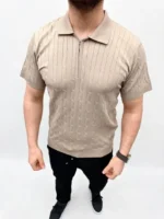 Erkek Yazlık Triko Saç Örgü Tişört Kısa Kol Polo Yaka Fermuarlı T-Shirt - Bej - Görsel 4