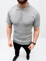 Erkek Yazlık Triko Saç Örgü Tişört Kısa Kol Polo Yaka Fermuarlı T-Shirt - Gri - Görsel 2