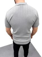 Erkek Yazlık Triko Saç Örgü Tişört Kısa Kol Polo Yaka Fermuarlı T-Shirt - Gri - Görsel 3