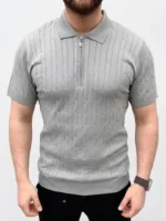 Erkek Yazlık Triko Saç Örgü Tişört Kısa Kol Polo Yaka Fermuarlı T-Shirt - Gri - Görsel 4