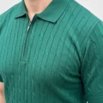 Erkek Yazlık Triko Saç Örgü Tişört Kısa Kol Polo Yaka Fermuarlı T-Shirt - Haki