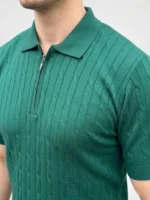 Erkek Yazlık Triko Saç Örgü Tişört Kısa Kol Polo Yaka Fermuarlı T-Shirt - Haki