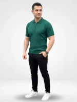 Erkek Yazlık Triko Saç Örgü Tişört Kısa Kol Polo Yaka Fermuarlı T-Shirt - Haki - Görsel 3