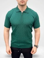 Erkek Yazlık Triko Saç Örgü Tişört Kısa Kol Polo Yaka Fermuarlı T-Shirt - Haki - Görsel 4