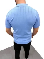 Erkek Yazlık Triko Saç Örgü Tişört Kısa Kol Polo Yaka Fermuarlı T-Shirt - Bebe Mavisi - Görsel 2