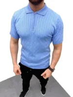 Erkek Yazlık Triko Saç Örgü Tişört Kısa Kol Polo Yaka Fermuarlı T-Shirt - Bebe Mavisi - Görsel 3